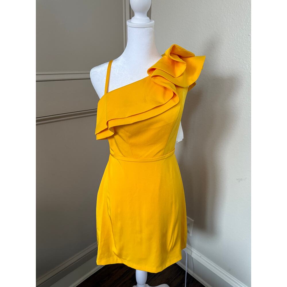 Ieena for Mac Duggal 55286 One Shoulder Ruffle Mini Dress Sz 2 NWT Yellow